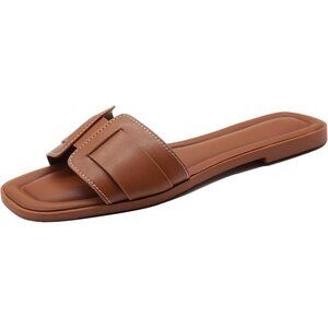 Womens A-brown Faux Leather Open toe Breathable lightweight Flat Slide Sandals